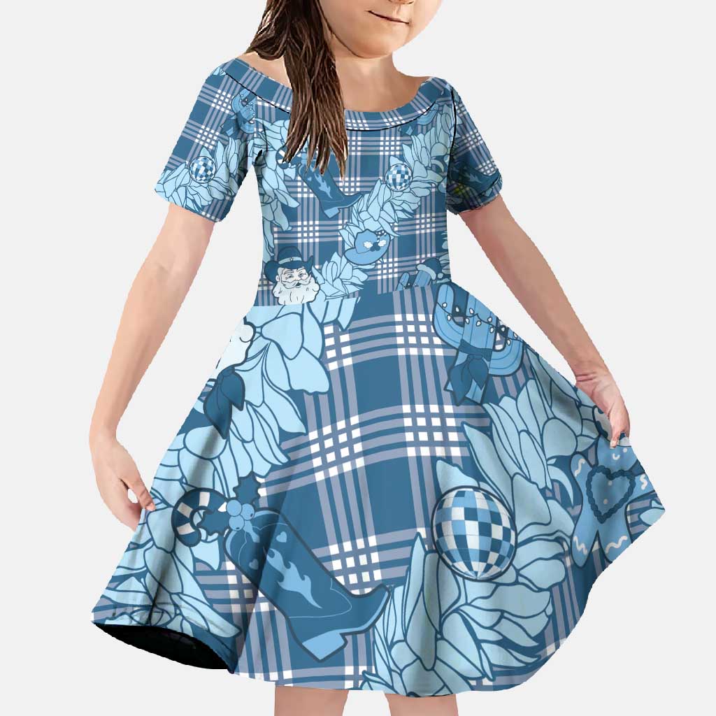 Blue Palaka Hawaii Cowboy Christmas Family Matching Mermaid Dress and Hawaiian Shirt Paniolo Mix Maile Lei LT7 Daughter's Dress Blue - Polynesian Pride