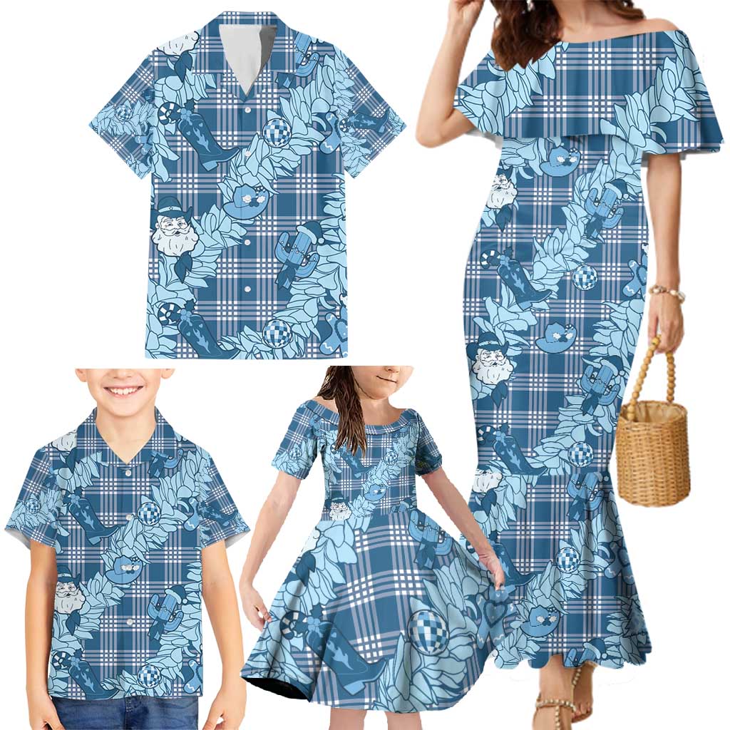 Blue Palaka Hawaii Cowboy Christmas Family Matching Mermaid Dress and Hawaiian Shirt Paniolo Mix Maile Lei LT7 - Polynesian Pride