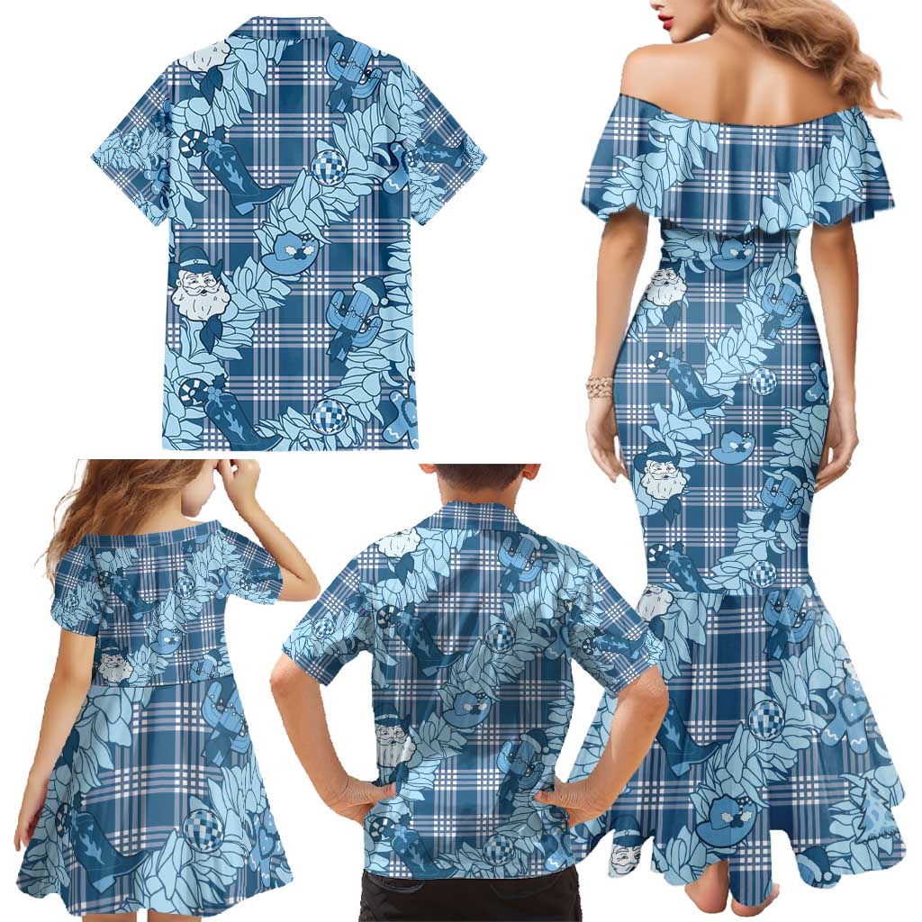 Blue Palaka Hawaii Cowboy Christmas Family Matching Mermaid Dress and Hawaiian Shirt Paniolo Mix Maile Lei LT7 - Polynesian Pride