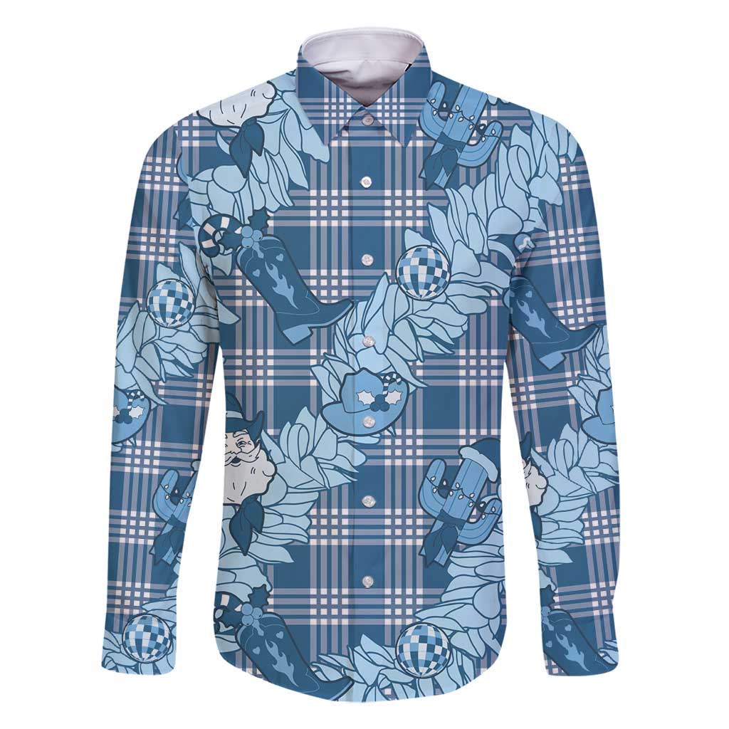 Blue Palaka Hawaii Cowboy Christmas Family Matching Mermaid Dress and Hawaiian Shirt Paniolo Mix Maile Lei LT7 Dad's Shirt - Long Sleeve Blue - Polynesian Pride