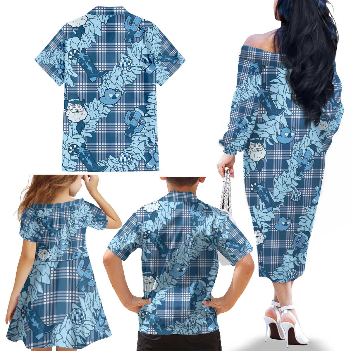 Blue Palaka Hawaii Cowboy Christmas Family Matching Off The Shoulder Long Sleeve Dress and Hawaiian Shirt Paniolo Mix Maile Lei LT7 - Polynesian Pride