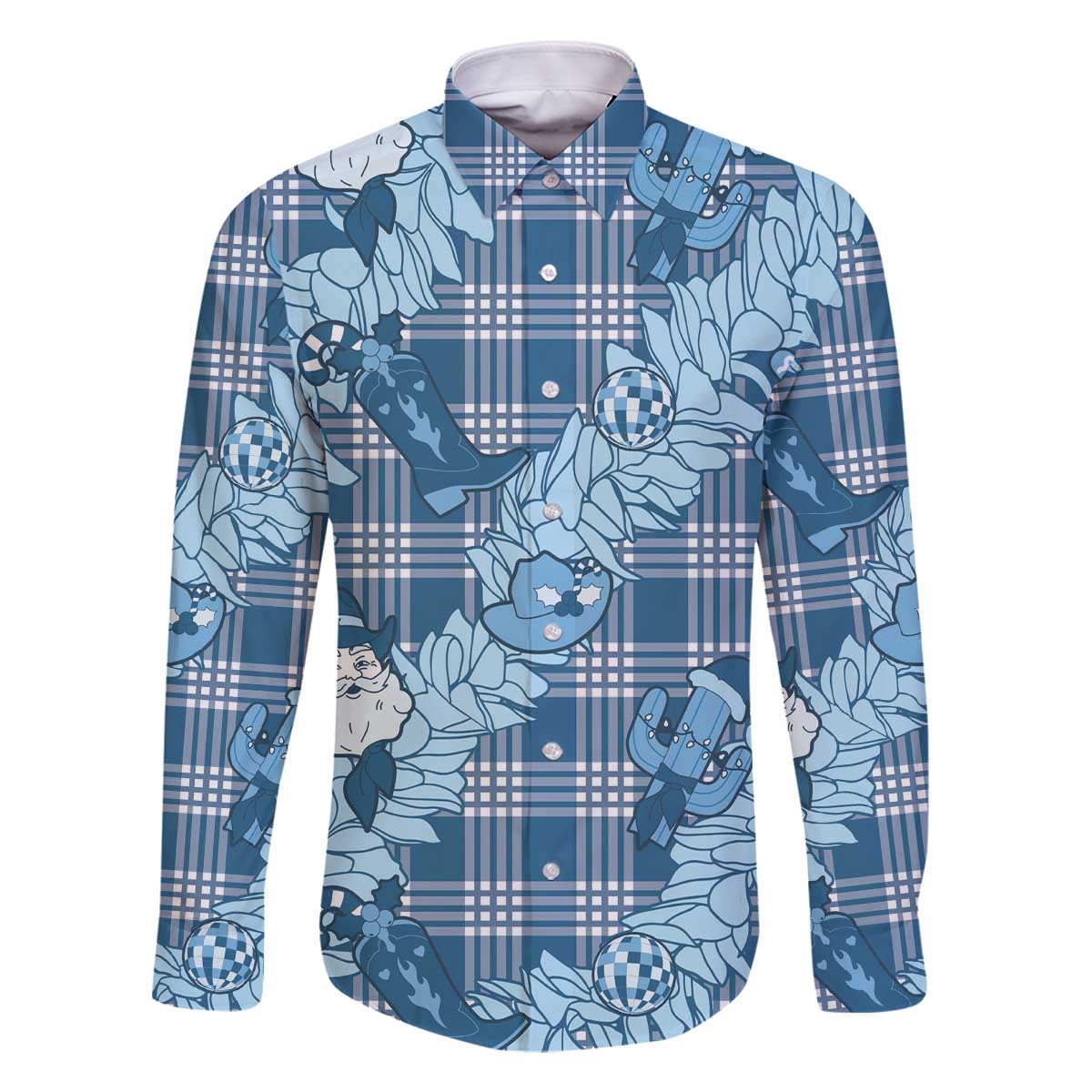 Blue Palaka Hawaii Cowboy Christmas Family Matching Off The Shoulder Long Sleeve Dress and Hawaiian Shirt Paniolo Mix Maile Lei LT7 Dad's Shirt - Long Sleeve Blue - Polynesian Pride