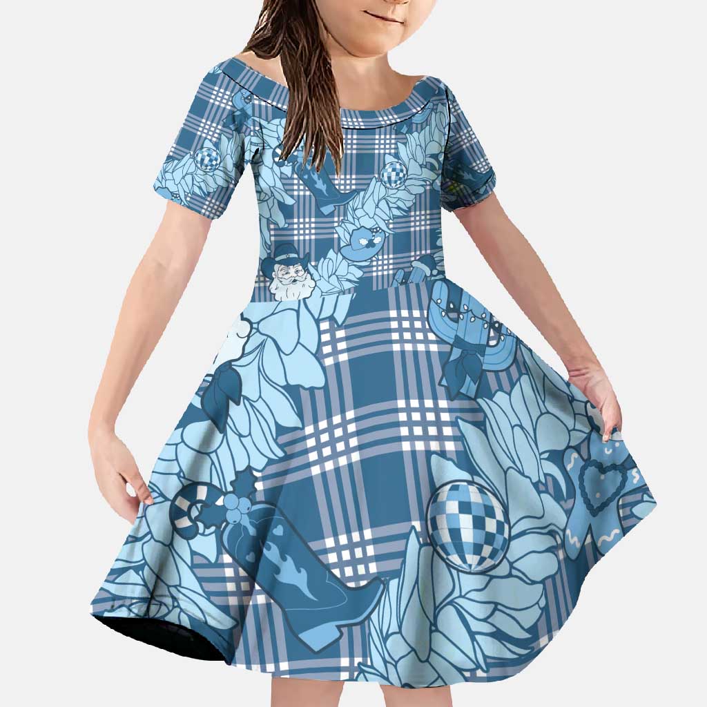Blue Palaka Hawaii Cowboy Christmas Family Matching Off Shoulder Maxi Dress and Hawaiian Shirt Paniolo Mix Maile Lei LT7 Daughter's Dress Blue - Polynesian Pride