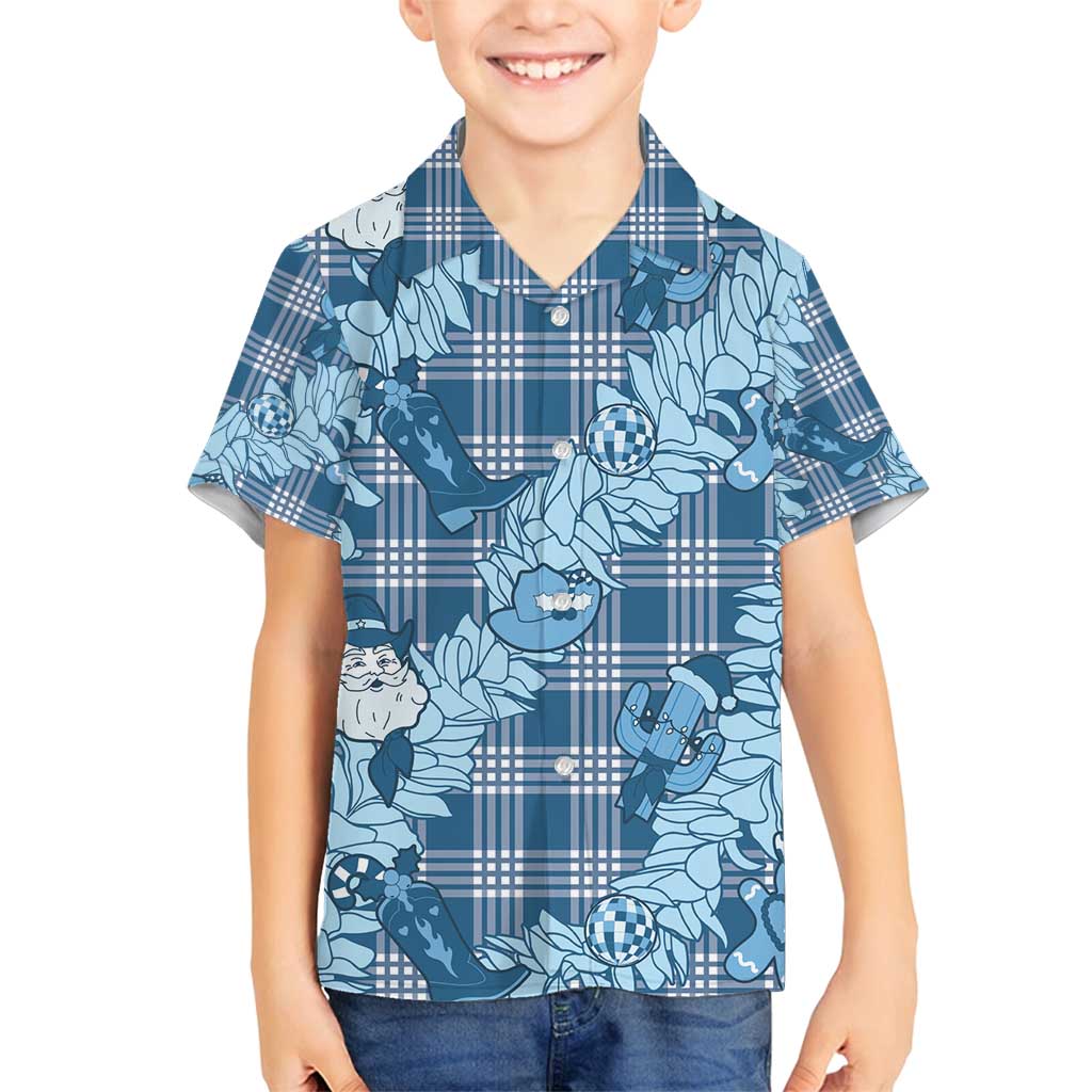 Blue Palaka Hawaii Cowboy Christmas Family Matching Off Shoulder Maxi Dress and Hawaiian Shirt Paniolo Mix Maile Lei LT7 Son's Shirt Blue - Polynesian Pride