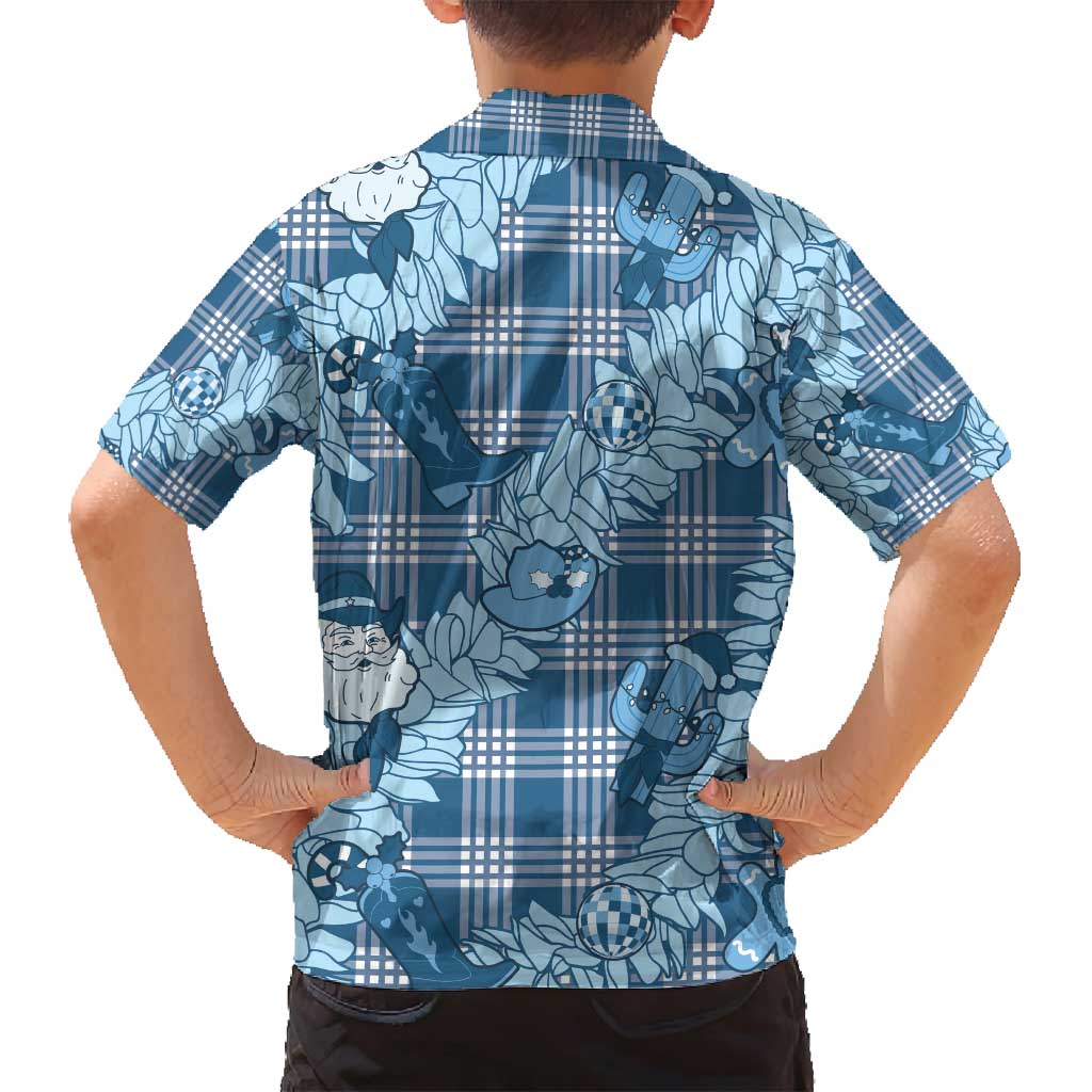 Blue Palaka Hawaii Cowboy Christmas Family Matching Off Shoulder Short Dress and Hawaiian Shirt Paniolo Mix Maile Lei LT7 - Polynesian Pride