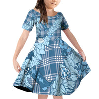 Blue Palaka Hawaii Cowboy Christmas Family Matching Off Shoulder Short Dress and Hawaiian Shirt Paniolo Mix Maile Lei LT7 Daughter's Dress Blue - Polynesian Pride