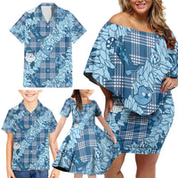 Blue Palaka Hawaii Cowboy Christmas Family Matching Off Shoulder Short Dress and Hawaiian Shirt Paniolo Mix Maile Lei LT7 - Polynesian Pride