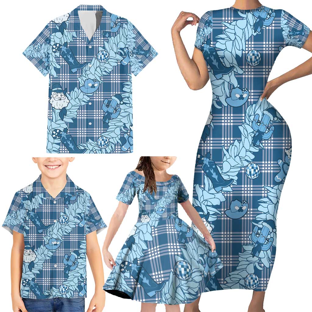 Blue Palaka Hawaii Cowboy Christmas Family Matching Short Sleeve Bodycon Dress and Hawaiian Shirt Paniolo Mix Maile Lei LT7 - Polynesian Pride