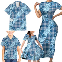 Blue Palaka Hawaii Cowboy Christmas Family Matching Short Sleeve Bodycon Dress and Hawaiian Shirt Paniolo Mix Maile Lei LT7 - Polynesian Pride