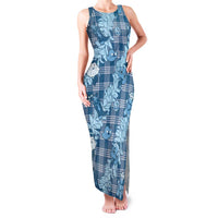 Blue Palaka Hawaii Cowboy Christmas Family Matching Tank Maxi Dress and Hawaiian Shirt Paniolo Mix Maile Lei LT7 Mom's Dress Blue - Polynesian Pride