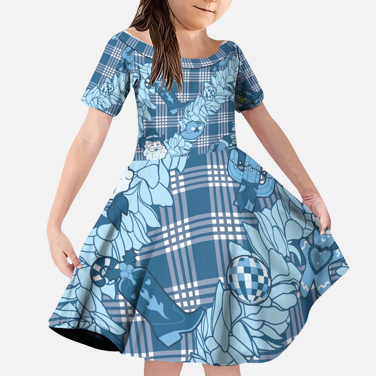 Blue Palaka Hawaii Cowboy Christmas Kid Short Sleeve Dress Paniolo Mix Maile Lei - Polynesian Pride