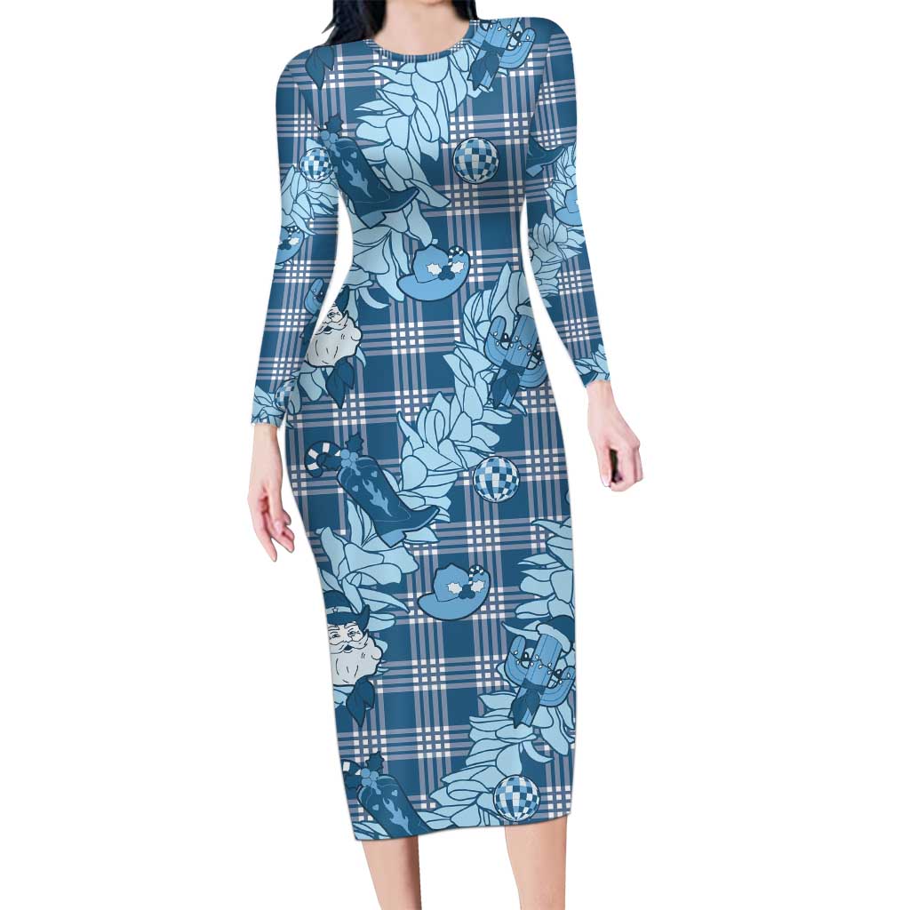 Blue Palaka Hawaii Cowboy Christmas Long Sleeve Bodycon Dress Paniolo Mix Maile Lei LT7 Long Dress Blue - Polynesian Pride