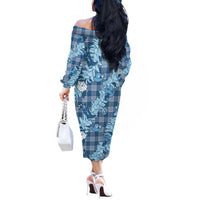 Blue Palaka Hawaii Cowboy Christmas Off The Shoulder Long Sleeve Dress Paniolo Mix Maile Lei LT7 - Polynesian Pride
