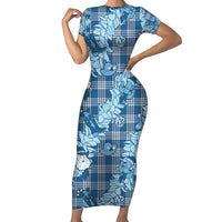 Blue Palaka Hawaii Cowboy Christmas Short Sleeve Bodycon Dress Paniolo Mix Maile Lei LT7 Long Dress Blue - Polynesian Pride