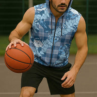 Blue Palaka Hawaii Cowboy Christmas Sleeveless Zip Hoodie Paniolo Mix Maile Lei LT7 - Polynesian Pride