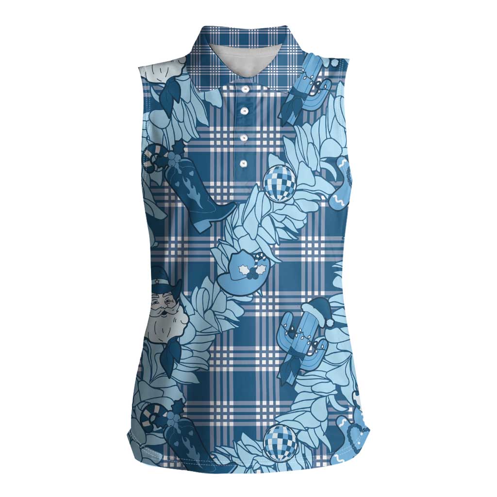 Blue Palaka Hawaii Cowboy Christmas Women Sleeveless Polo Shirt Paniolo Mix Maile Lei LT7 Female Blue - Polynesian Pride