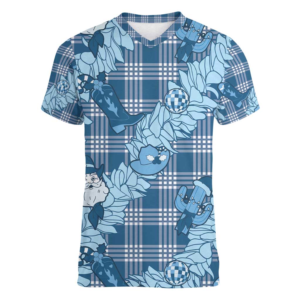 Blue Palaka Hawaii Cowboy Christmas Women V-Neck T-Shirt Paniolo Mix Maile Lei LT7 Female Blue - Polynesian Pride