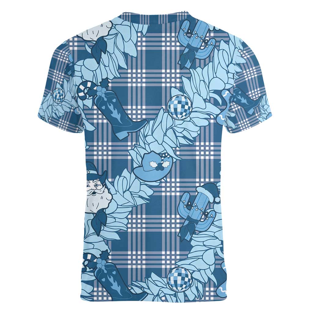 Blue Palaka Hawaii Cowboy Christmas Women V-Neck T-Shirt Paniolo Mix Maile Lei LT7 - Polynesian Pride