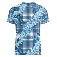 Blue Palaka Hawaii Cowboy Christmas Women V-Neck T-Shirt Paniolo Mix Maile Lei LT7 - Polynesian Pride