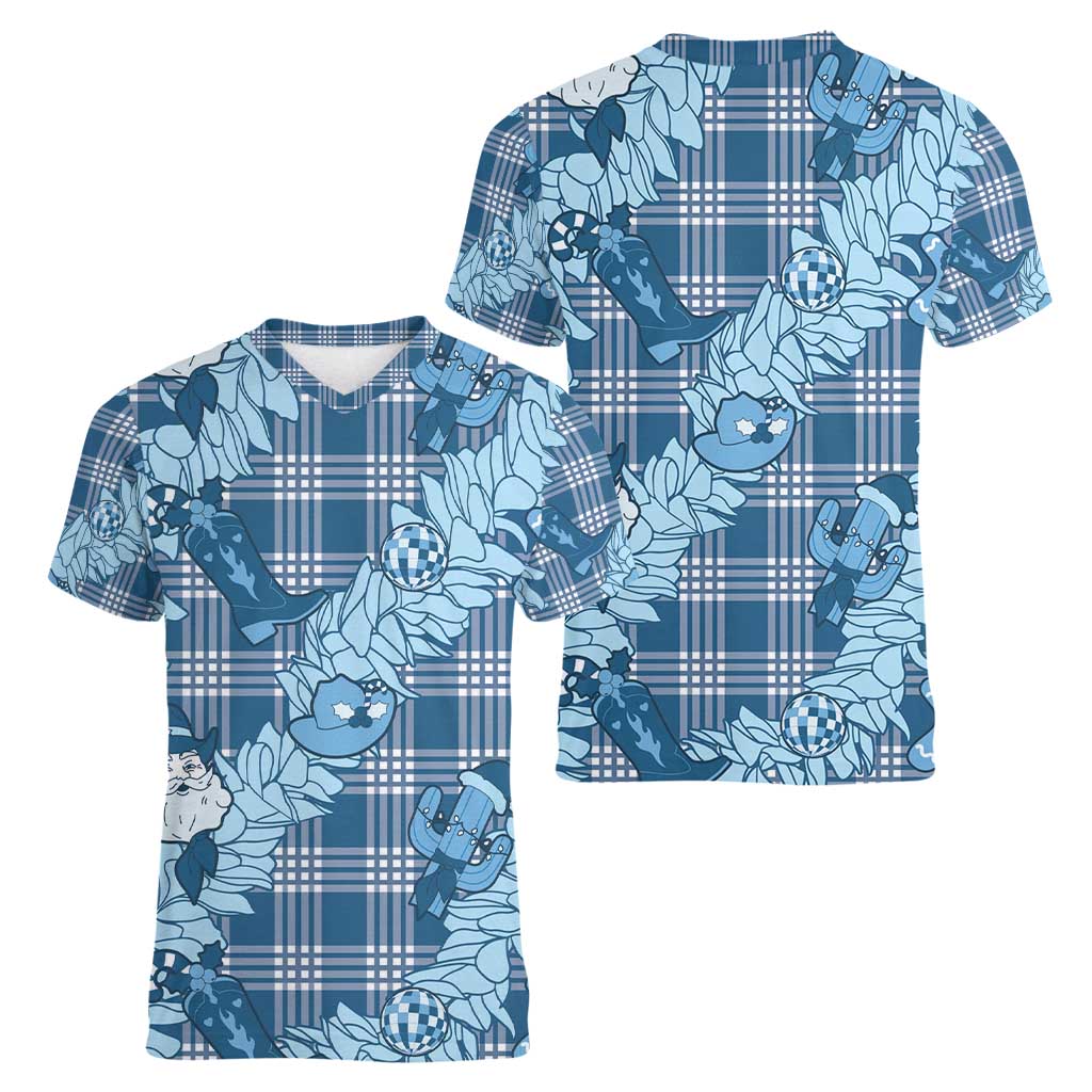 Blue Palaka Hawaii Cowboy Christmas Women V-Neck T-Shirt Paniolo Mix Maile Lei LT7 - Polynesian Pride