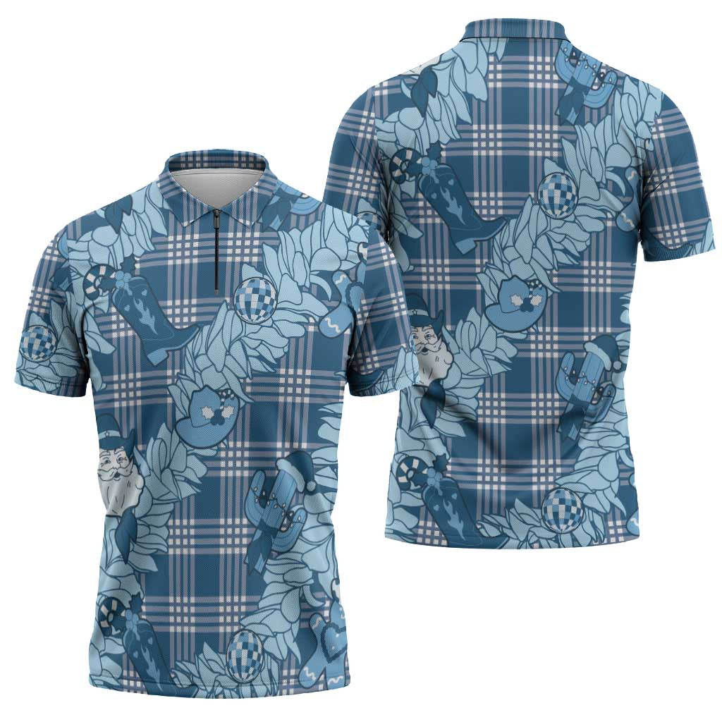 Blue Palaka Hawaii Cowboy Christmas Zipper Polo Shirt Paniolo Mix Maile Lei LT7 - Polynesian Pride