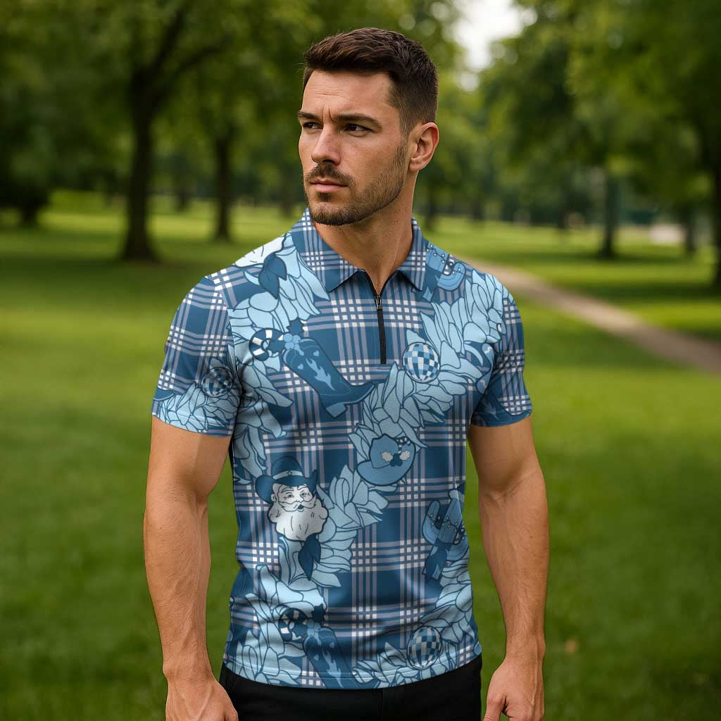 Blue Palaka Hawaii Cowboy Christmas Zipper Polo Shirt Paniolo Mix Maile Lei LT7 - Polynesian Pride