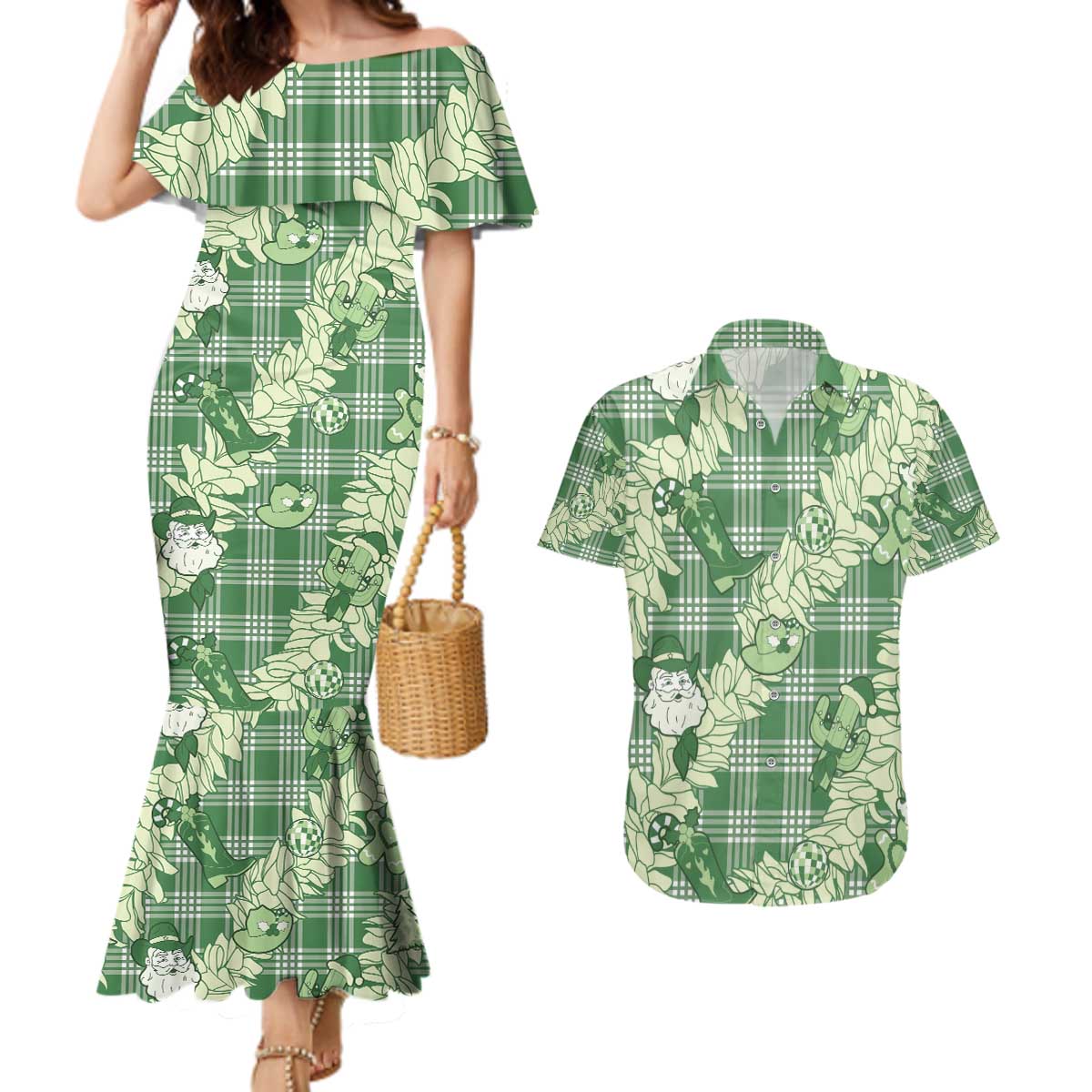 Green Palaka Hawaii Cowboy Christmas Couples Matching Mermaid Dress and Hawaiian Shirt Paniolo Mix Maile Lei - Polynesian Pride