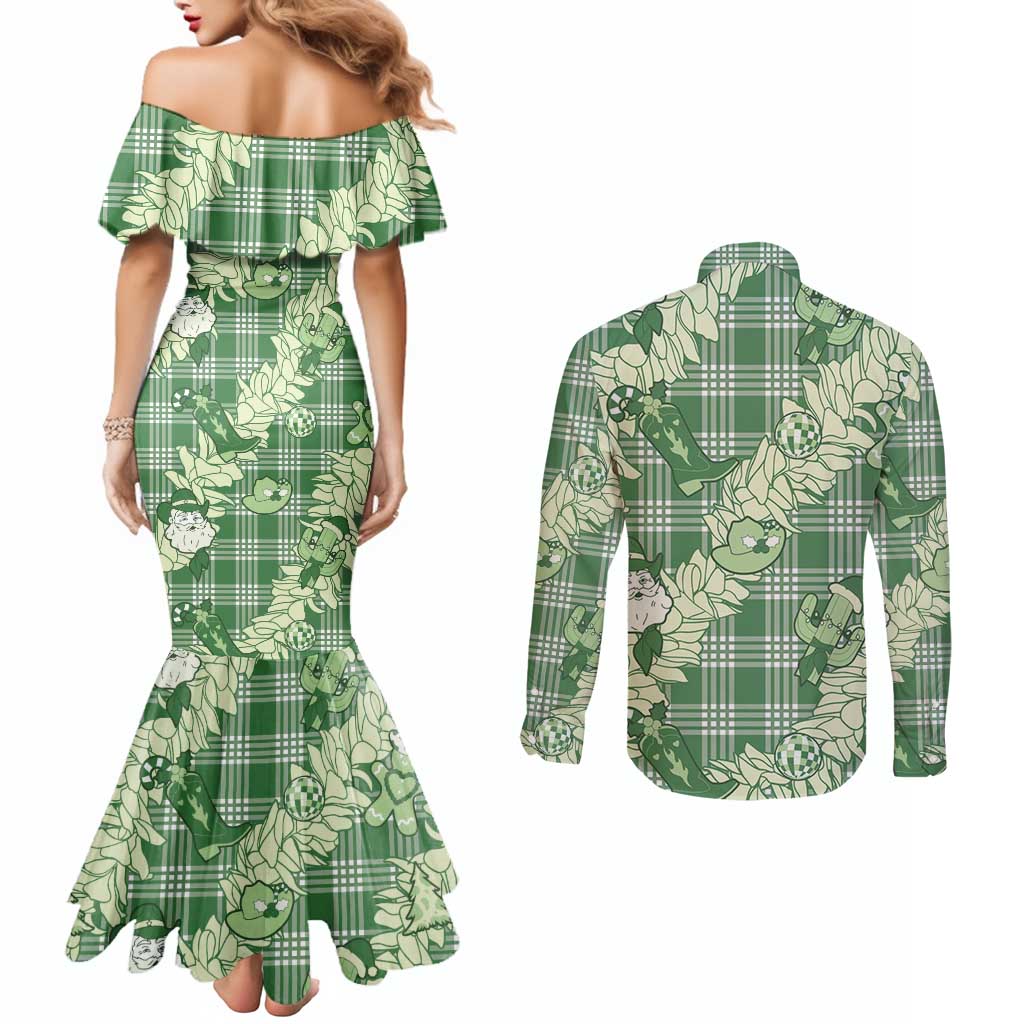 Green Palaka Hawaii Cowboy Christmas Couples Matching Mermaid Dress and Long Sleeve Button Shirt Paniolo Mix Maile Lei LT7 - Polynesian Pride