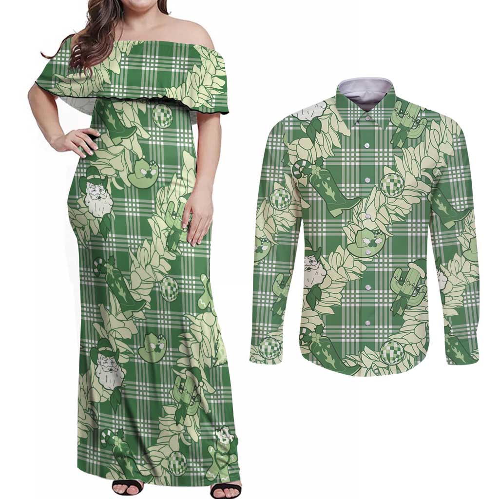 Green Palaka Hawaii Cowboy Christmas Couples Matching Off Shoulder Maxi Dress and Long Sleeve Button Shirt Paniolo Mix Maile Lei LT7 Green - Polynesian Pride