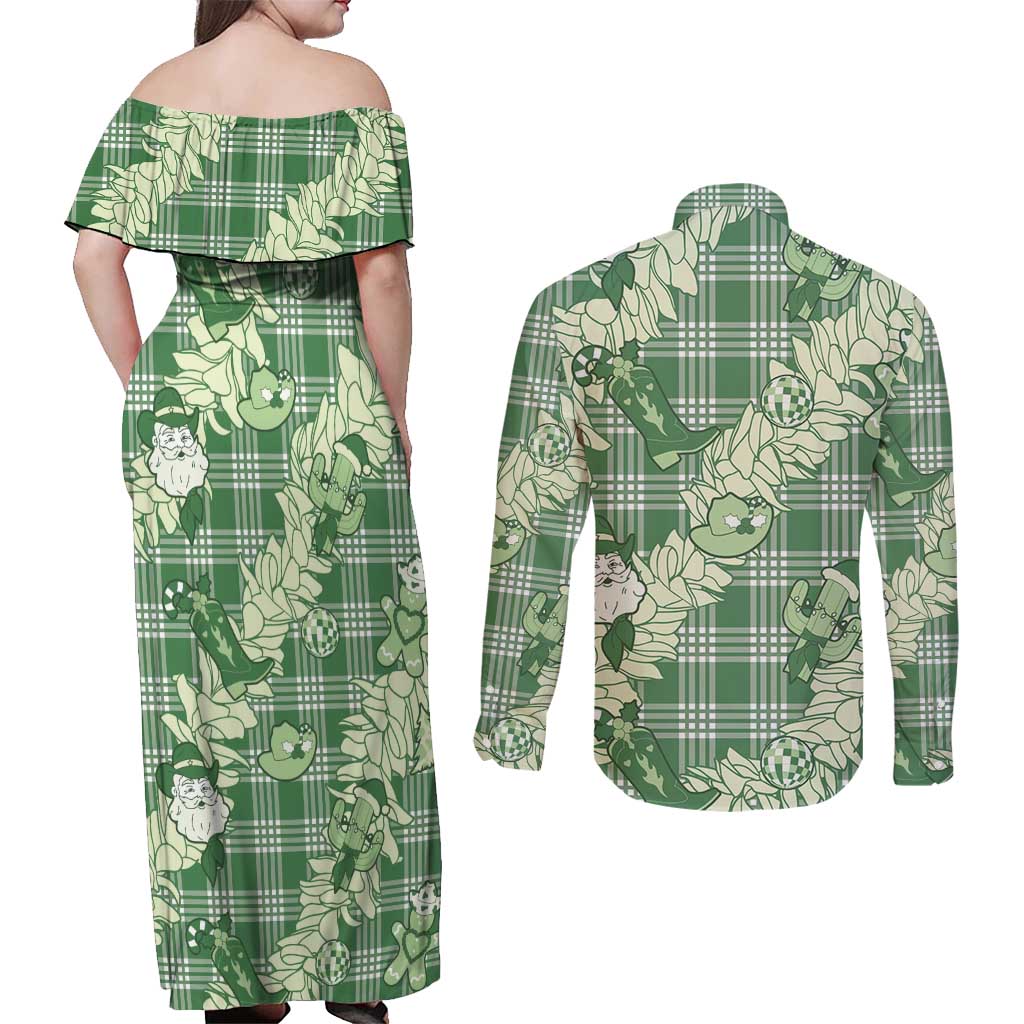 Green Palaka Hawaii Cowboy Christmas Couples Matching Off Shoulder Maxi Dress and Long Sleeve Button Shirt Paniolo Mix Maile Lei LT7 - Polynesian Pride