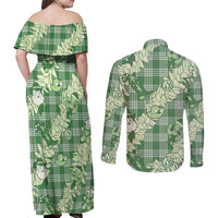 Green Palaka Hawaii Cowboy Christmas Couples Matching Off Shoulder Maxi Dress and Long Sleeve Button Shirt Paniolo Mix Maile Lei LT7 - Polynesian Pride