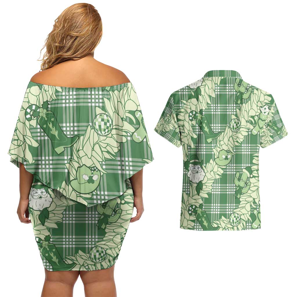 Green Palaka Hawaii Cowboy Christmas Couples Matching Off Shoulder Short Dress and Hawaiian Shirt Paniolo Mix Maile Lei LT7 - Polynesian Pride