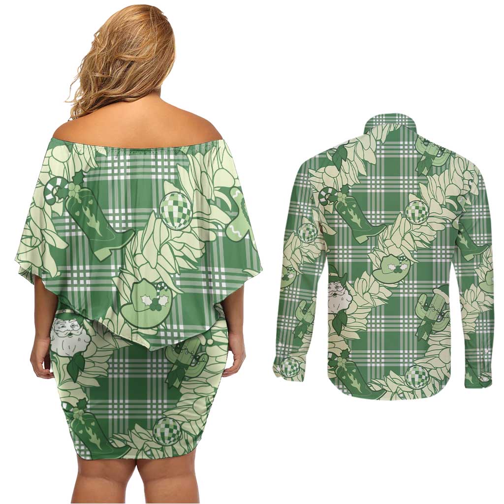 Green Palaka Hawaii Cowboy Christmas Couples Matching Off Shoulder Short Dress and Long Sleeve Button Shirt Paniolo Mix Maile Lei LT7 - Polynesian Pride