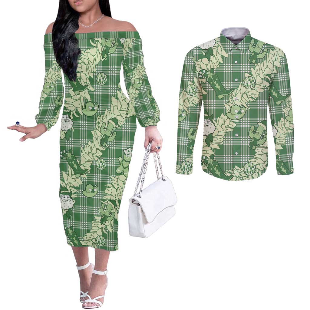 Green Palaka Hawaii Cowboy Christmas Couples Matching Off The Shoulder Long Sleeve Dress and Long Sleeve Button Shirt Paniolo Mix Maile Lei LT7 Green - Polynesian Pride