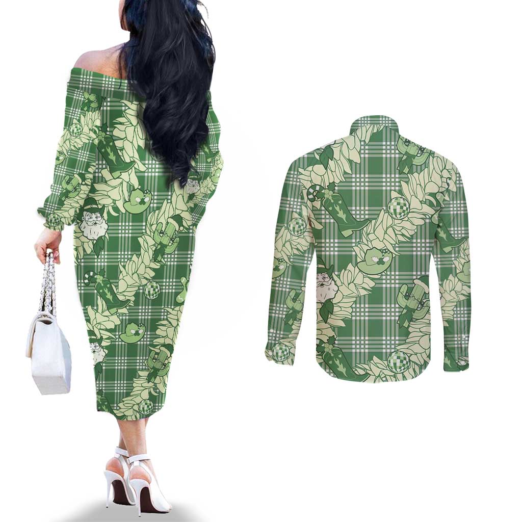 Green Palaka Hawaii Cowboy Christmas Couples Matching Off The Shoulder Long Sleeve Dress and Long Sleeve Button Shirt Paniolo Mix Maile Lei LT7 - Polynesian Pride