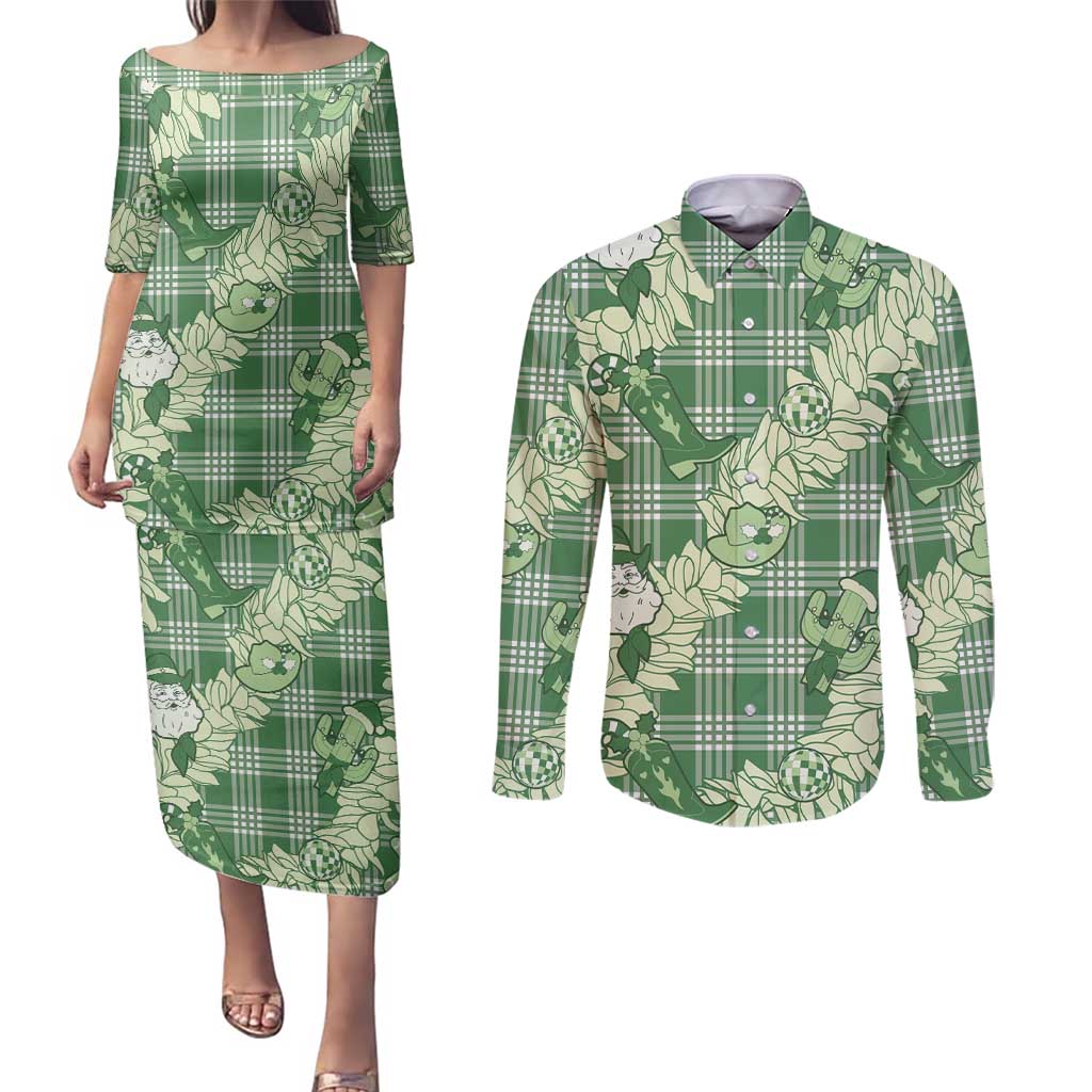 Green Palaka Hawaii Cowboy Christmas Couples Matching Puletasi and Long Sleeve Button Shirt Paniolo Mix Maile Lei LT7 Green - Polynesian Pride