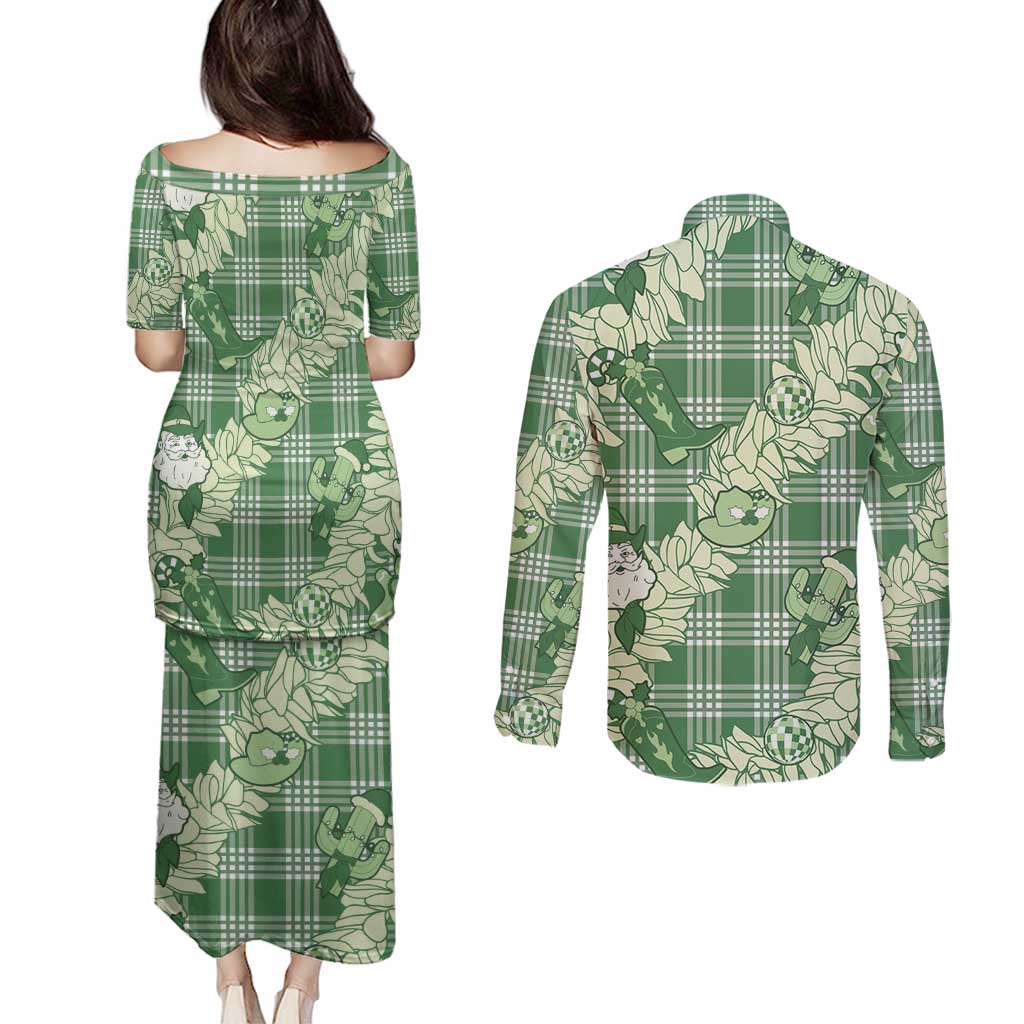 Green Palaka Hawaii Cowboy Christmas Couples Matching Puletasi and Long Sleeve Button Shirt Paniolo Mix Maile Lei LT7 - Polynesian Pride