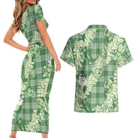 Green Palaka Hawaii Cowboy Christmas Couples Matching Short Sleeve Bodycon Dress and Hawaiian Shirt Paniolo Mix Maile Lei LT7 - Polynesian Pride