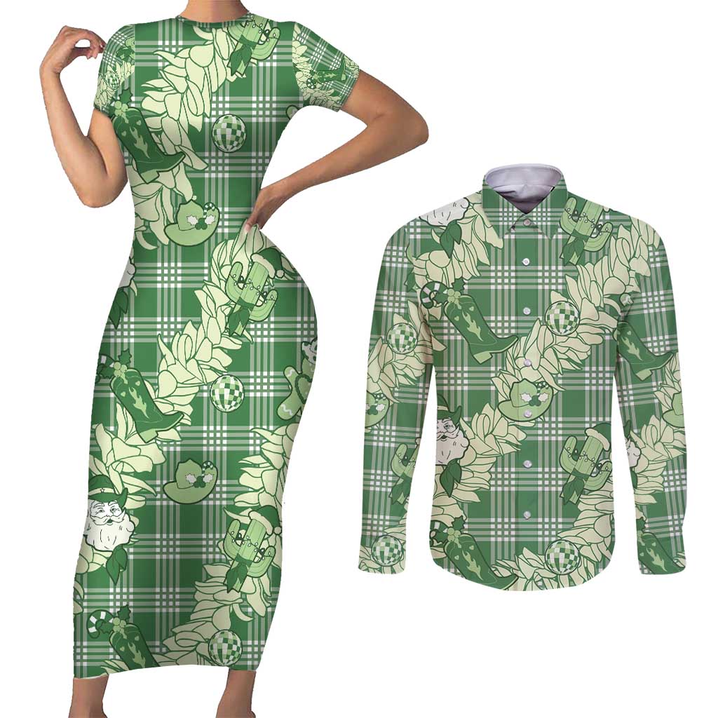 Green Palaka Hawaii Cowboy Christmas Couples Matching Short Sleeve Bodycon Dress and Long Sleeve Button Shirt Paniolo Mix Maile Lei LT7 Green - Polynesian Pride