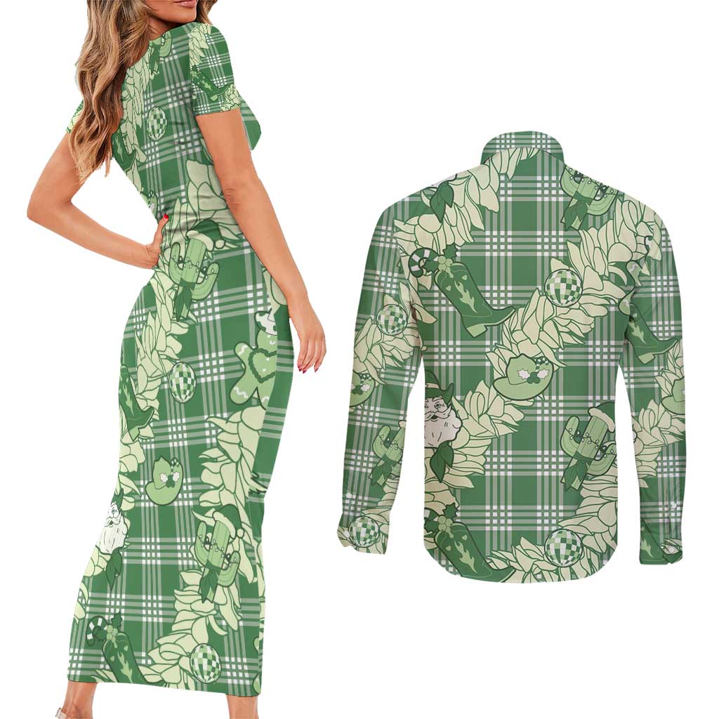 Green Palaka Hawaii Cowboy Christmas Couples Matching Short Sleeve Bodycon Dress and Long Sleeve Button Shirt Paniolo Mix Maile Lei LT7 - Polynesian Pride