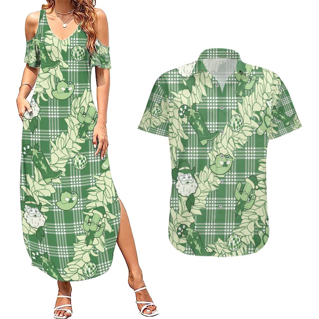 Green Palaka Hawaii Cowboy Christmas Couples Matching Summer Maxi Dress and Hawaiian Shirt Paniolo Mix Maile Lei LT7 Green - Polynesian Pride