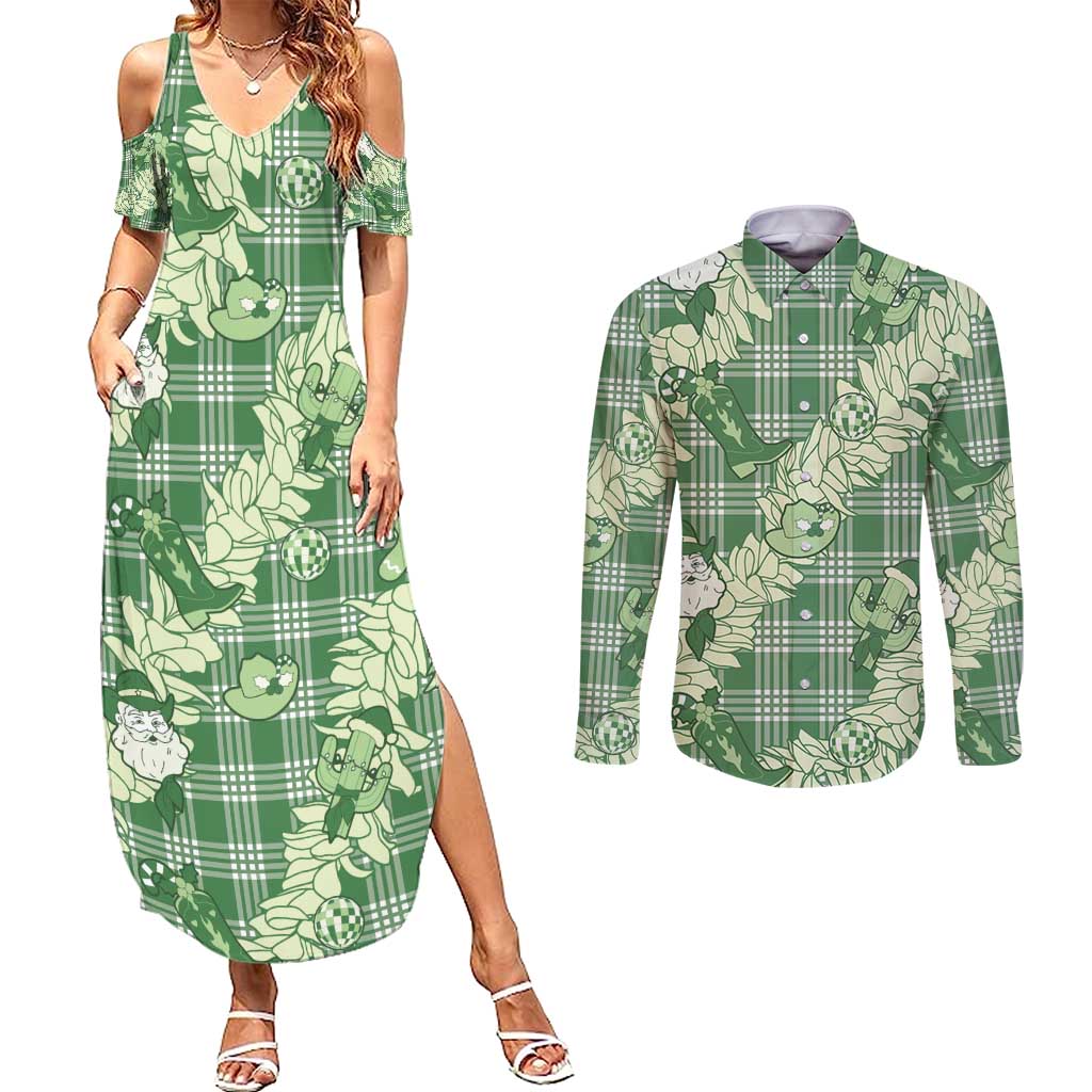 Green Palaka Hawaii Cowboy Christmas Couples Matching Summer Maxi Dress and Long Sleeve Button Shirt Paniolo Mix Maile Lei LT7 Green - Polynesian Pride