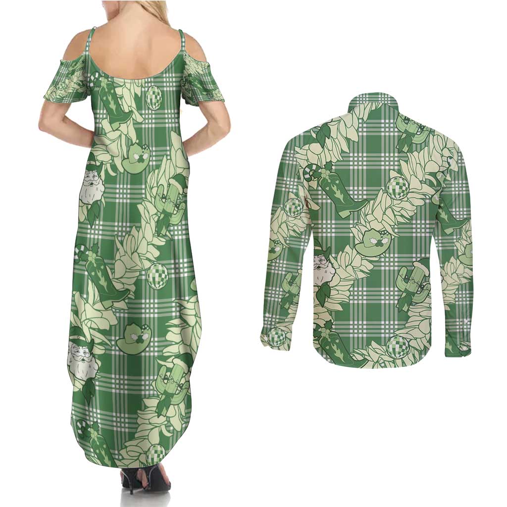 Green Palaka Hawaii Cowboy Christmas Couples Matching Summer Maxi Dress and Long Sleeve Button Shirt Paniolo Mix Maile Lei LT7 - Polynesian Pride