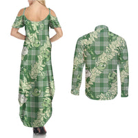 Green Palaka Hawaii Cowboy Christmas Couples Matching Summer Maxi Dress and Long Sleeve Button Shirt Paniolo Mix Maile Lei LT7 - Polynesian Pride