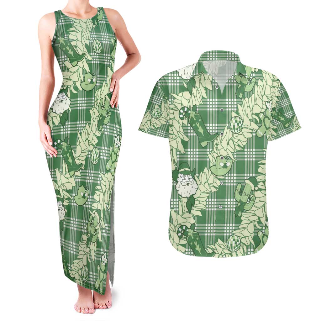 Green Palaka Hawaii Cowboy Christmas Couples Matching Tank Maxi Dress and Hawaiian Shirt Paniolo Mix Maile Lei LT7 Green - Polynesian Pride