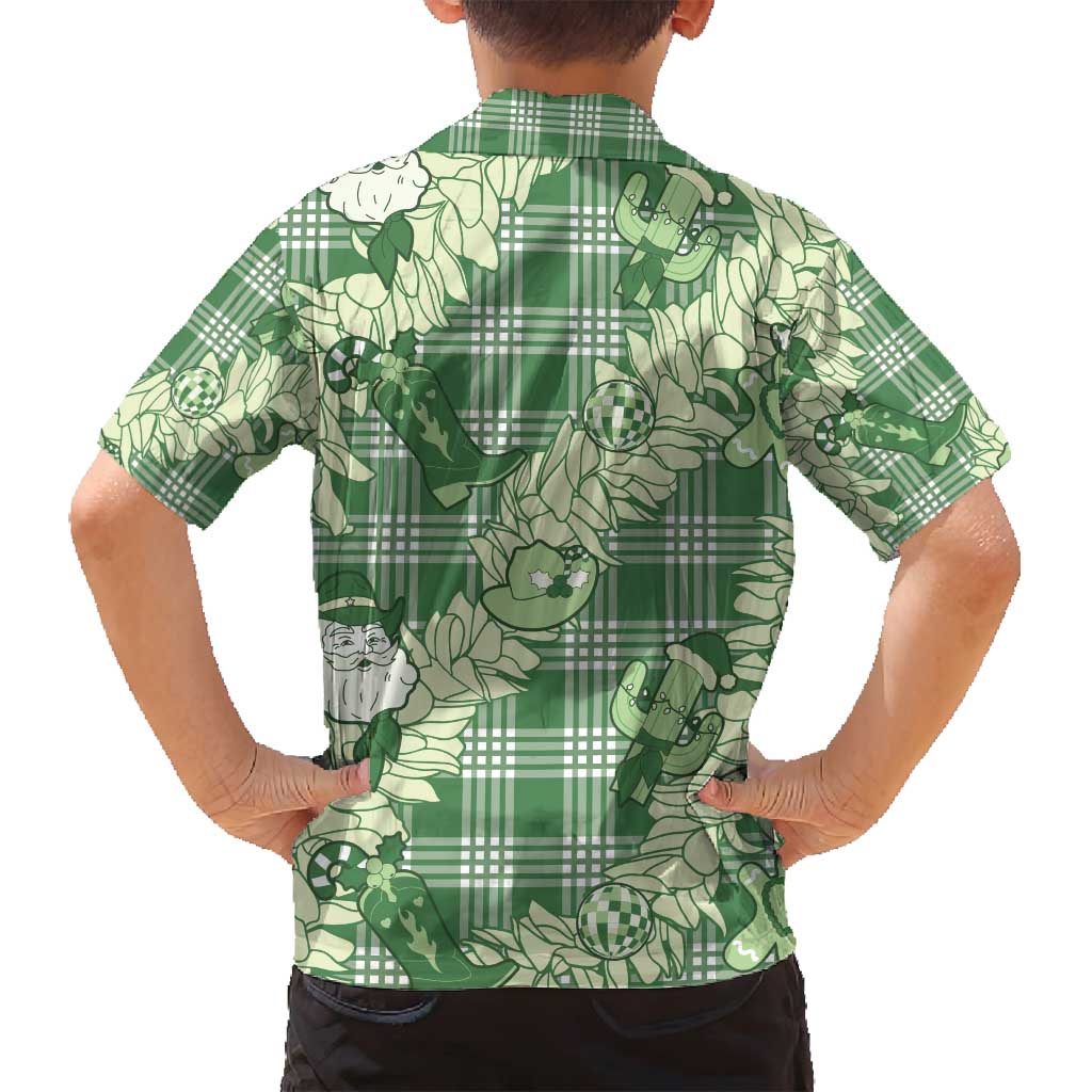 Green Palaka Hawaii Cowboy Christmas Family Matching Long Sleeve Bodycon Dress and Hawaiian Shirt Paniolo Mix Maile Lei LT7 - Polynesian Pride