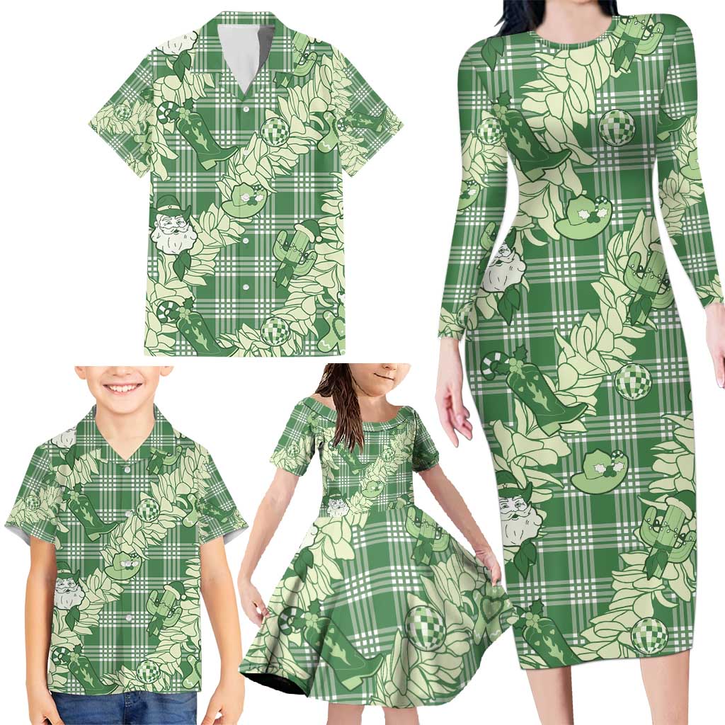 Green Palaka Hawaii Cowboy Christmas Family Matching Long Sleeve Bodycon Dress and Hawaiian Shirt Paniolo Mix Maile Lei LT7 - Polynesian Pride