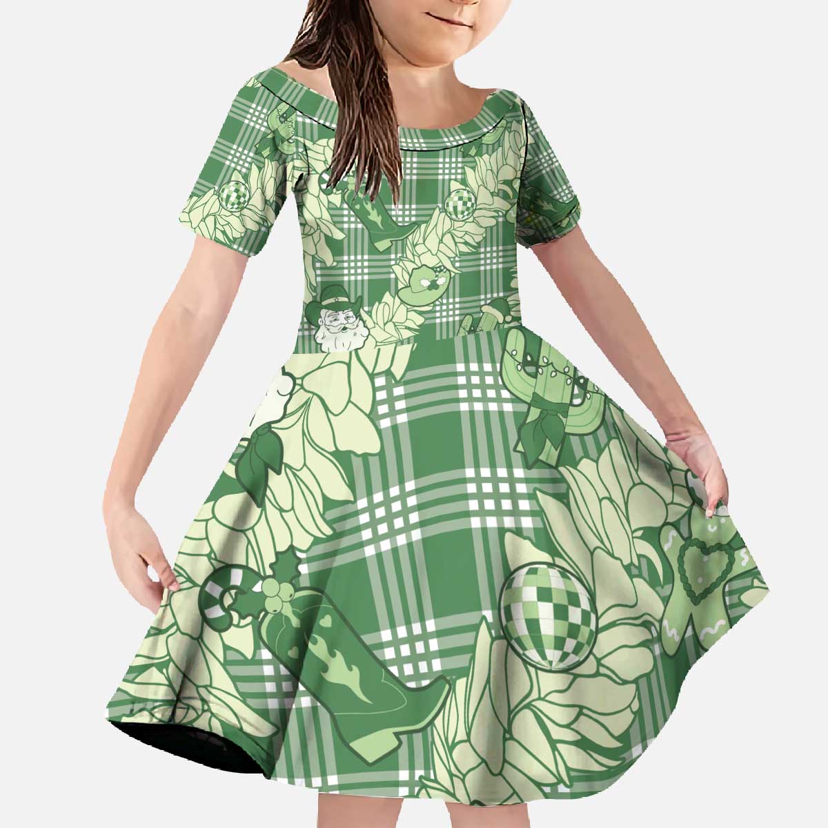 Green Palaka Hawaii Cowboy Christmas Family Matching Off The Shoulder Long Sleeve Dress and Hawaiian Shirt Paniolo Mix Maile Lei LT7 Daughter's Dress Green - Polynesian Pride