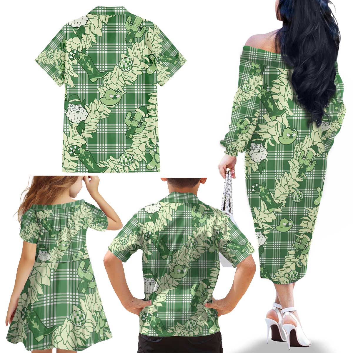 Green Palaka Hawaii Cowboy Christmas Family Matching Off The Shoulder Long Sleeve Dress and Hawaiian Shirt Paniolo Mix Maile Lei LT7 - Polynesian Pride