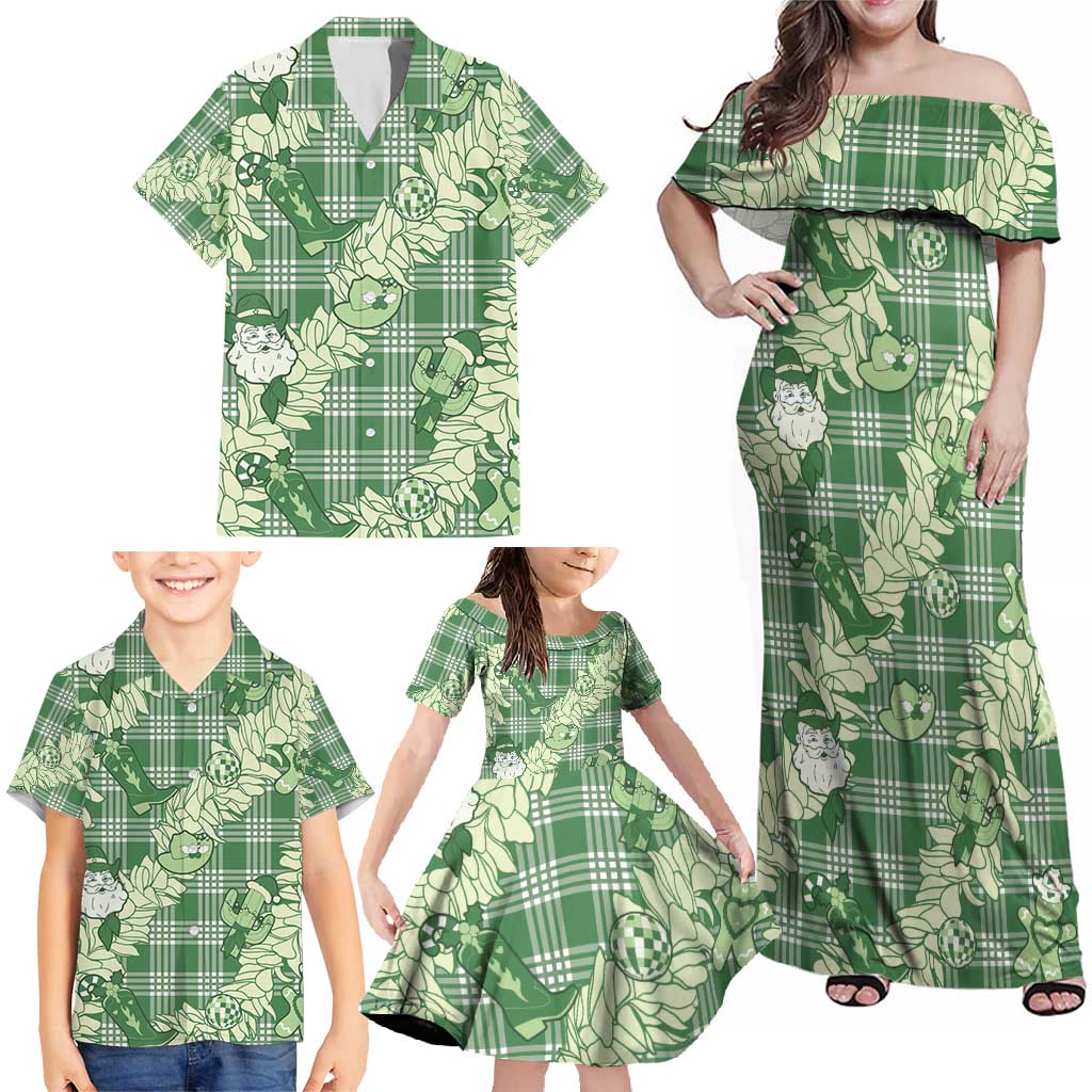 Green Palaka Hawaii Cowboy Christmas Family Matching Off Shoulder Maxi Dress and Hawaiian Shirt Paniolo Mix Maile Lei LT7 - Polynesian Pride